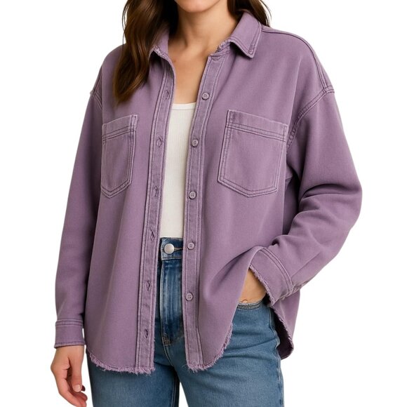 Aerie Lumber Jane Women's Oversized Distressed Shacket Top Lilac Purple Size S - Picture 1 of 14
